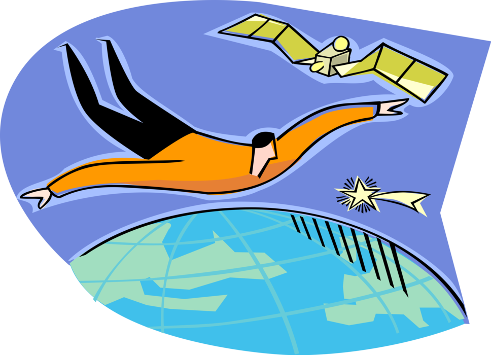 Vector Illustration of High Flyer In Orbit Circling the Earth with Shooting Star and Space Satellite