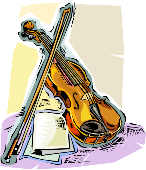 Vector Illustration of Violin or Fiddle Stringed Musical Instrument with Bow and Sheet Music