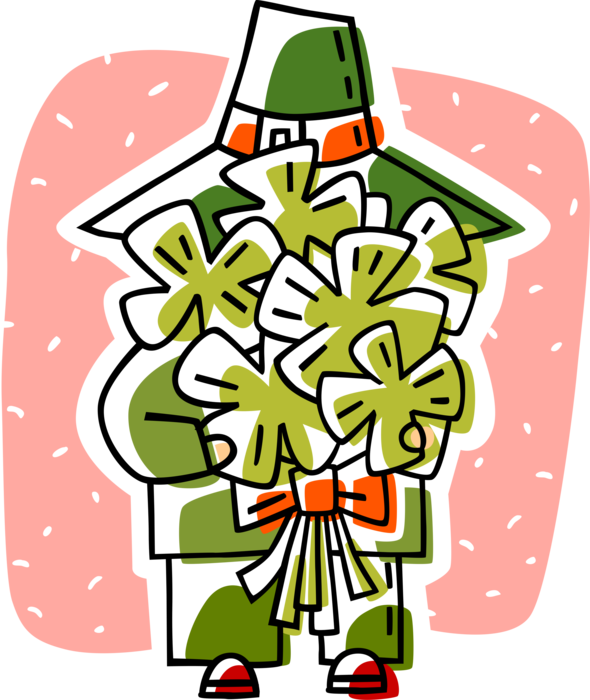 Vector Illustration of St Patrick's Day Irish Leprechaun Holds Bouquet of Four-Leaf Clover Lucky Shamrocks