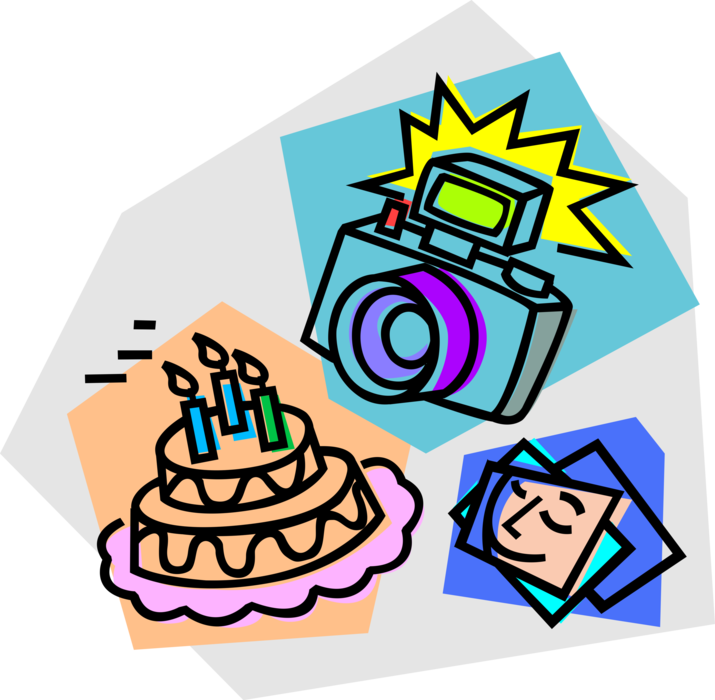Vector Illustration of Photographic Camera Takes Photography Photo Pictures of Birthday Cake 