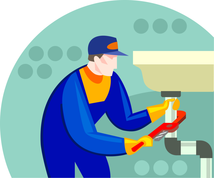 Vector Illustration of Plumber Working at Sink with Wrench