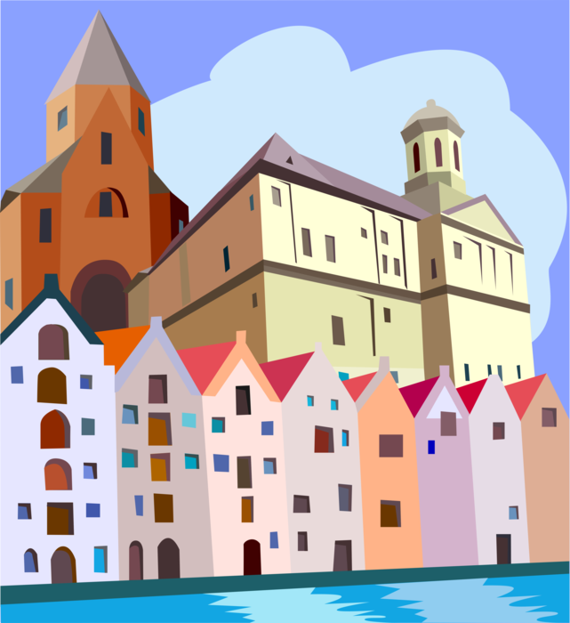Vector Illustration of Historic Buildings, Bryggen, with Akershus Architecture, Bergen, Norway