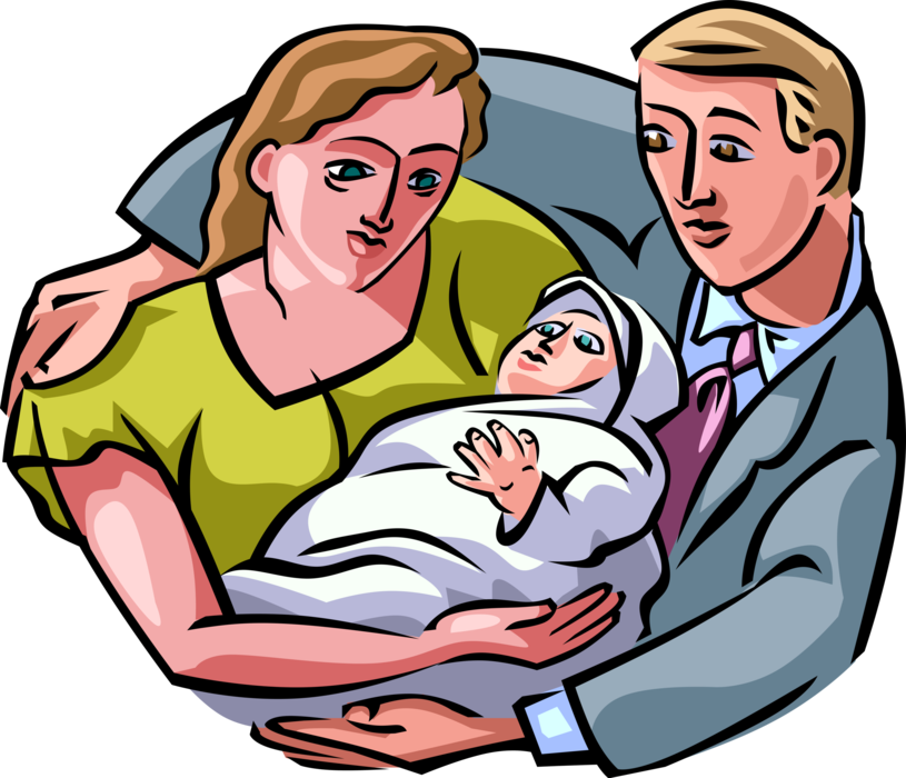 Vector Illustration of New Parents with Newborn Infant Baby
