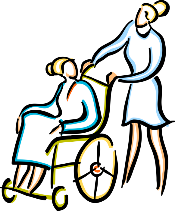 Vector Illustration of Nursing Home Nurse with Elderly Person in Handicapped or Disabled Wheelchair