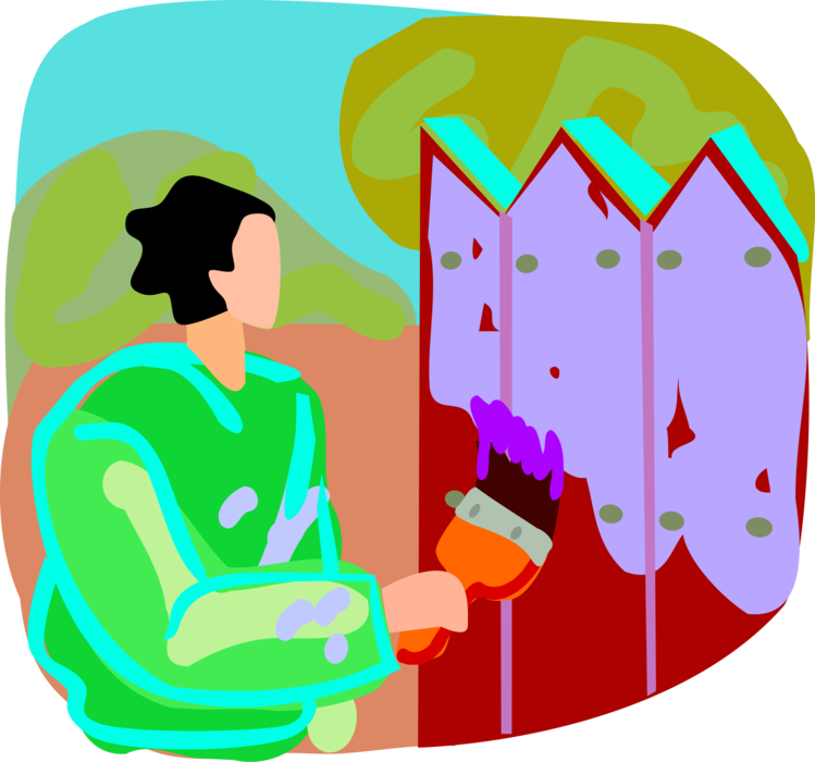 Vector Illustration of Painter Painting Fence with Paintbrushes and Paint Outdoors