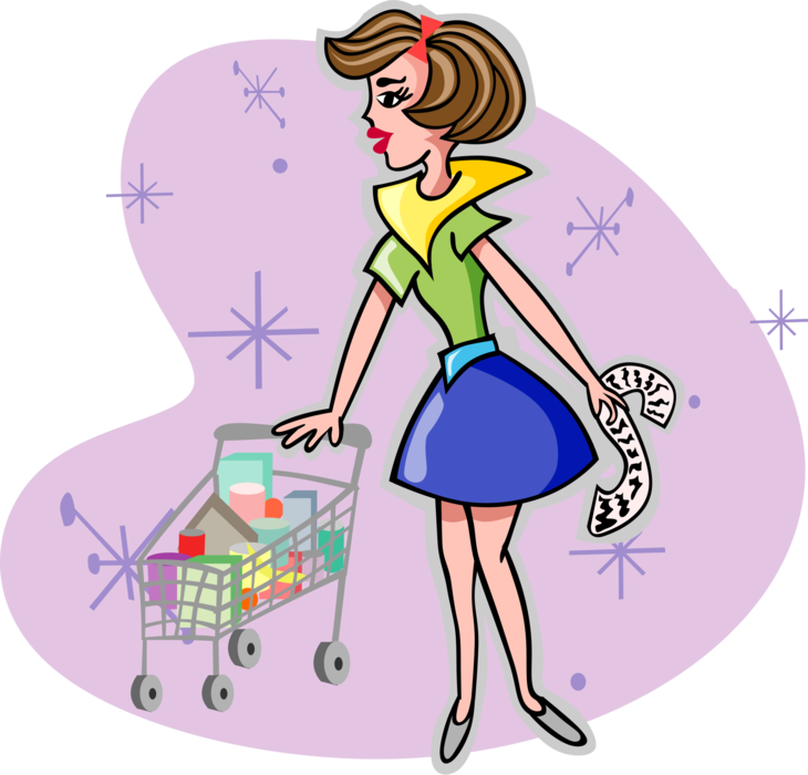 Vector Illustration of Grocery Shopper with Food Groceries in Cart Shopping at Supermarket