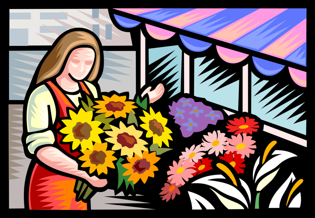 Vector Illustration of Florist Arranging Flowers at Outdoor Retail Flower Stall