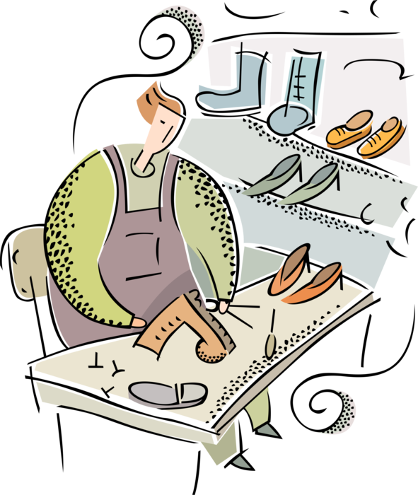 Vector Illustration of Cobbler Shoemaker Makes Footwear Shoe Repairs with Hammer