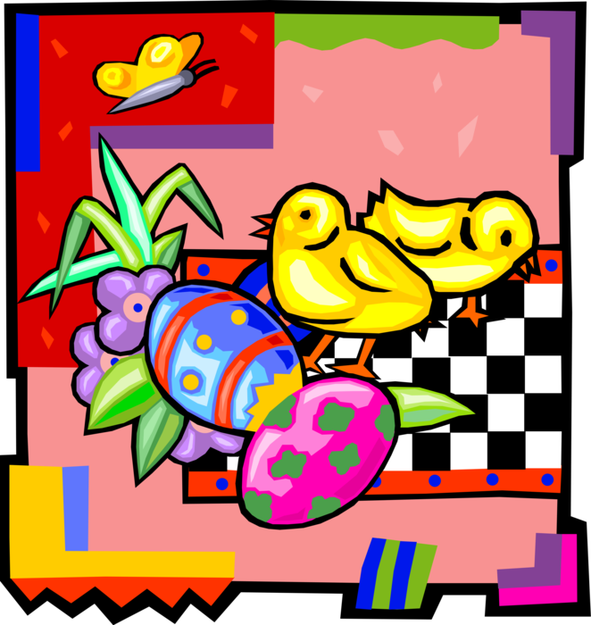 Vector Illustration of Easter with Decorated Easter Eggs and Chicks