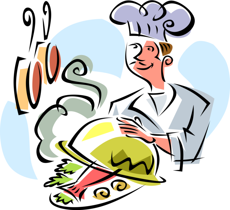 Vector Illustration of Restaurant Gourmet Chef with Fish Dinner Food Tray