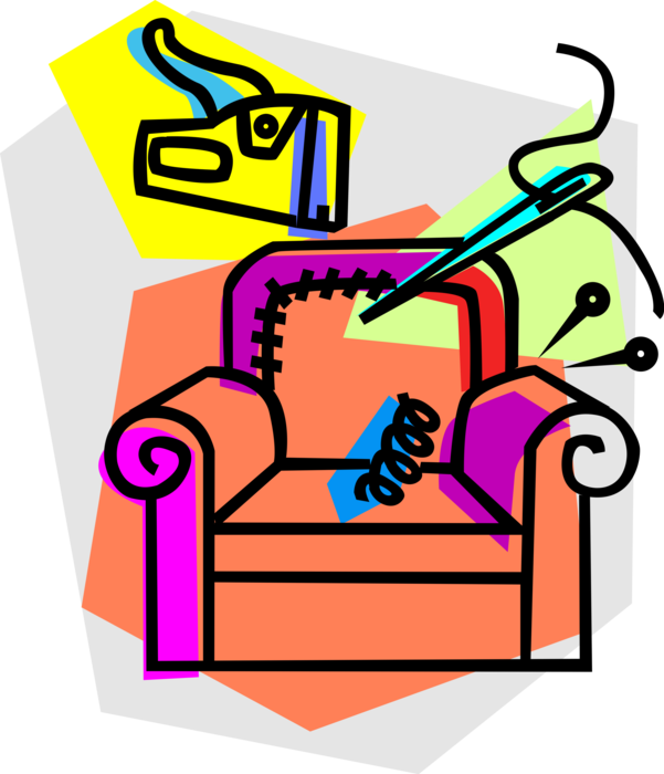 Vector Illustration of Reupholstery Business Reupholstering Worn-Out Furniture Chair with Needle and Stapler