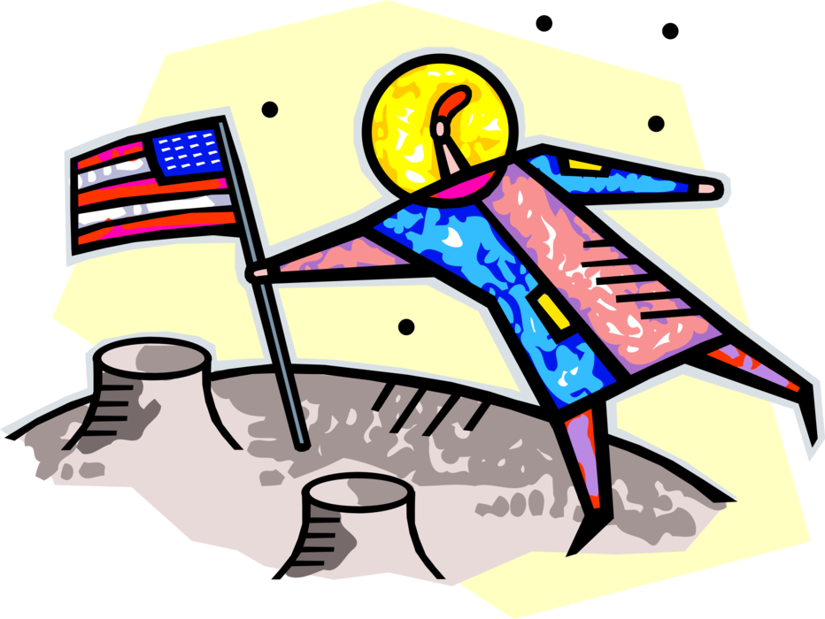 Vector Illustration of United States NASA Astronaut Plants American Flag on Moon Lunar Surface