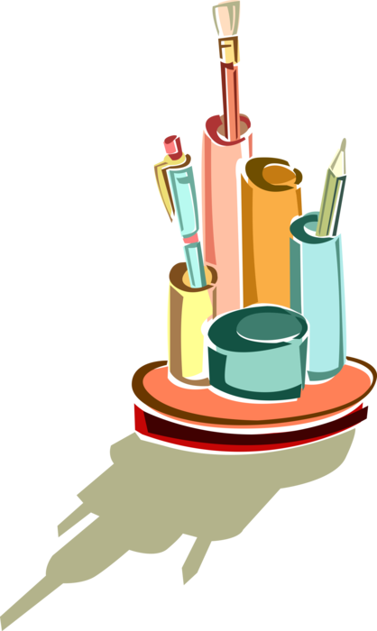 Vector Illustration of Pencil and Pen Writing Instrument with Paintbrush in Holder