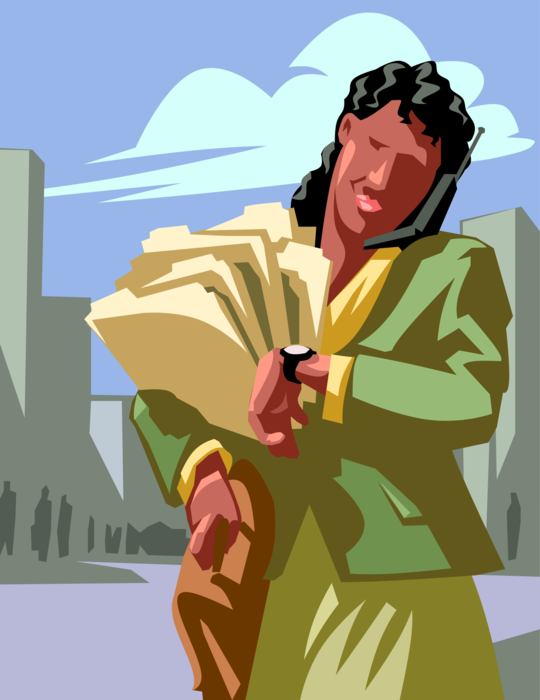 Vector Illustration of Businesswoman Checking Watch and Talking on Mobile Smartphone Phone
