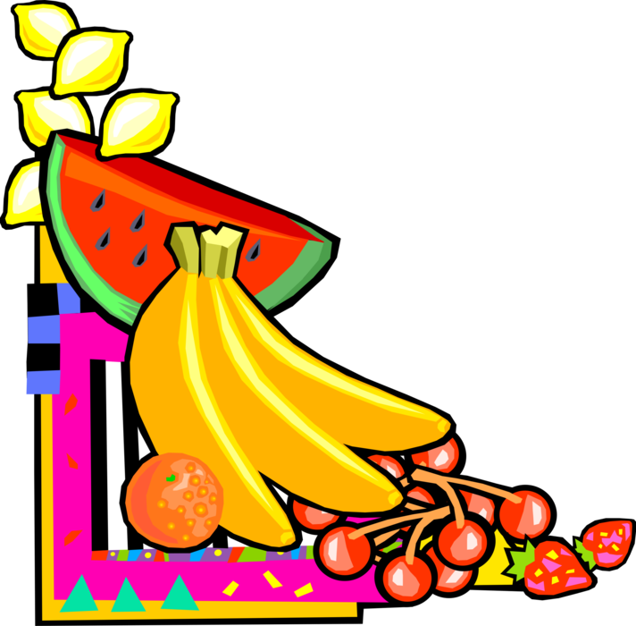 Vector Illustration of Assorted Fruits with Lemons, Watermelon, Bananas, Cherries, and Strawberries
