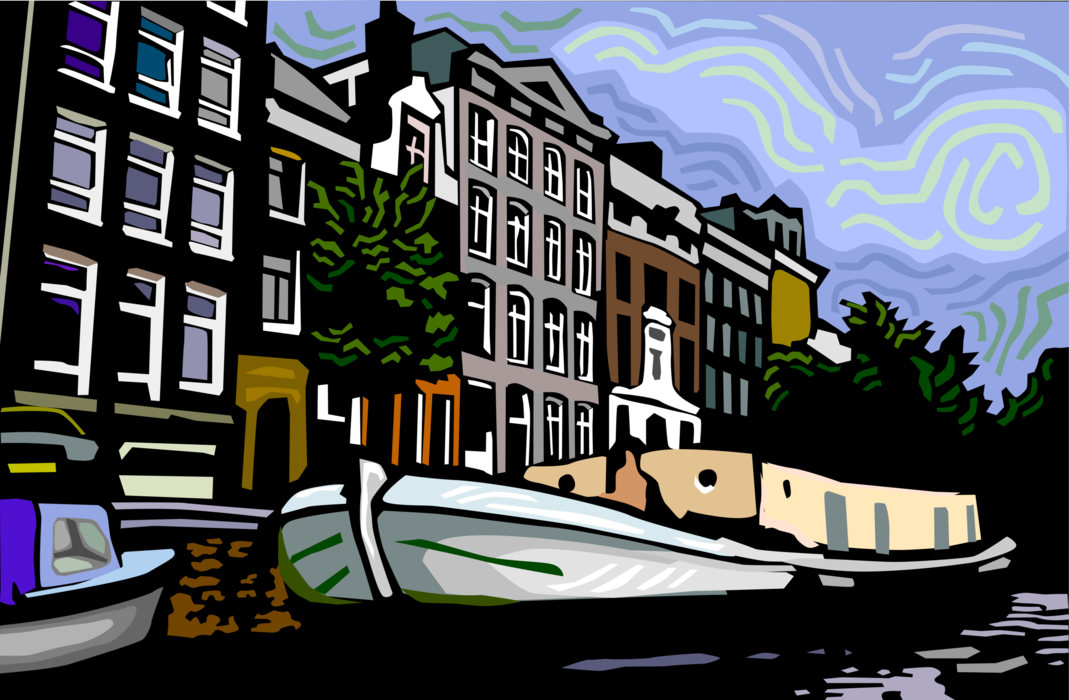 Vector Illustration of Dutch Tourism Canal Boat in Amsterdam, Holland, The Netherlands
