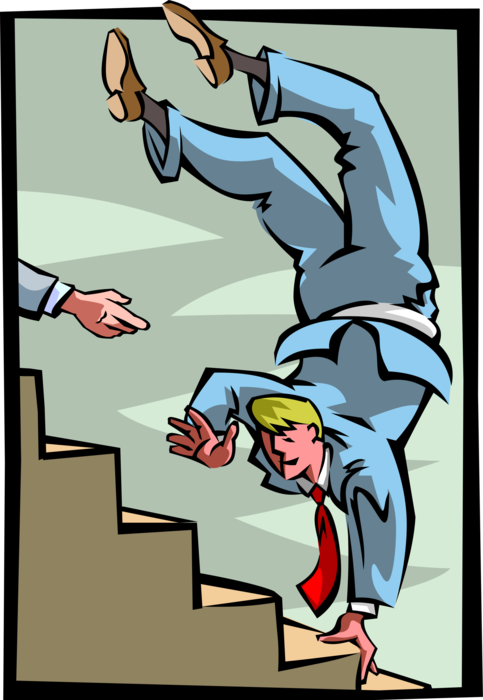 Vector Illustration of Versatile Businessman Handstand Walks Up Stairs