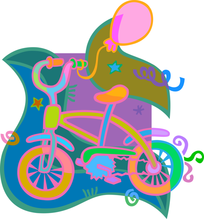 Vector Illustration of Child's Bicycle Birthday Gift with Balloon and Ribbons