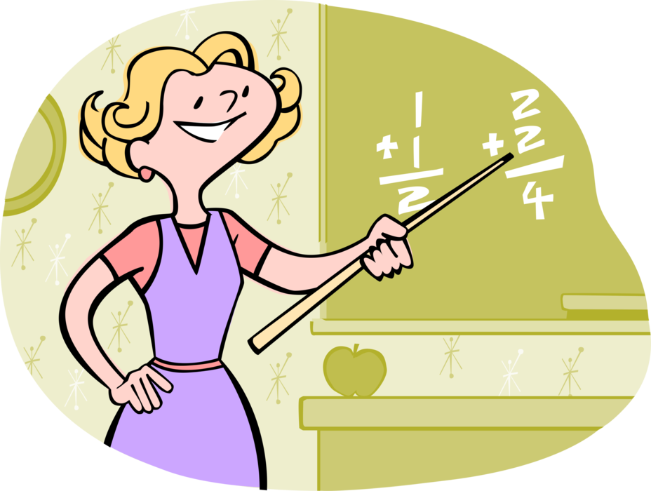 Vector Illustration of School Math Teacher in Classroom Teaching Math at Blackboard Chalkboard
