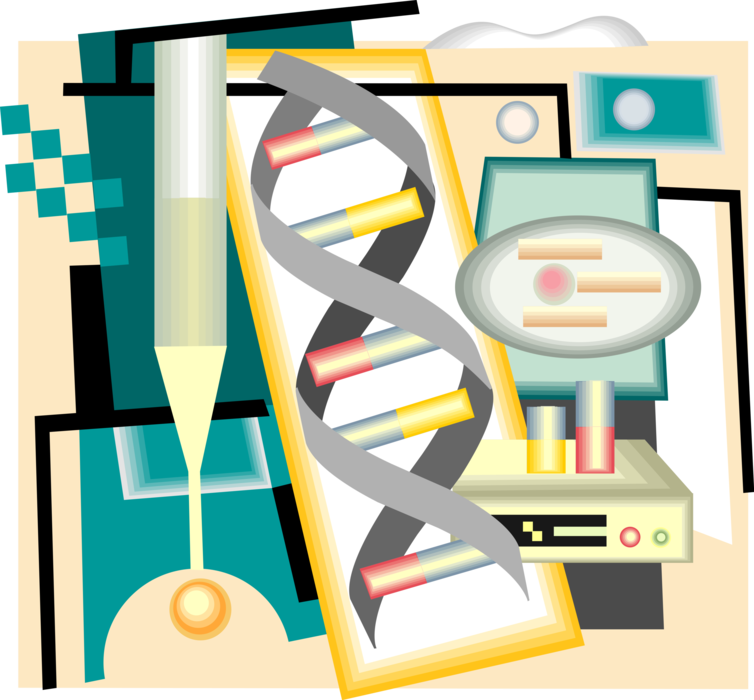 Vector Illustration of DNA Molecule Carries Genetic Instructions with Laboratory Equipment