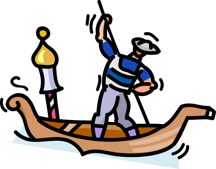 Vector Illustration of Venetian Gondola Steered by Gondolier in Canals of Venice, Italy