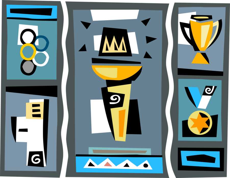 Vector Illustration of Olympic Flame Torch with Medal, Podium and Trophy