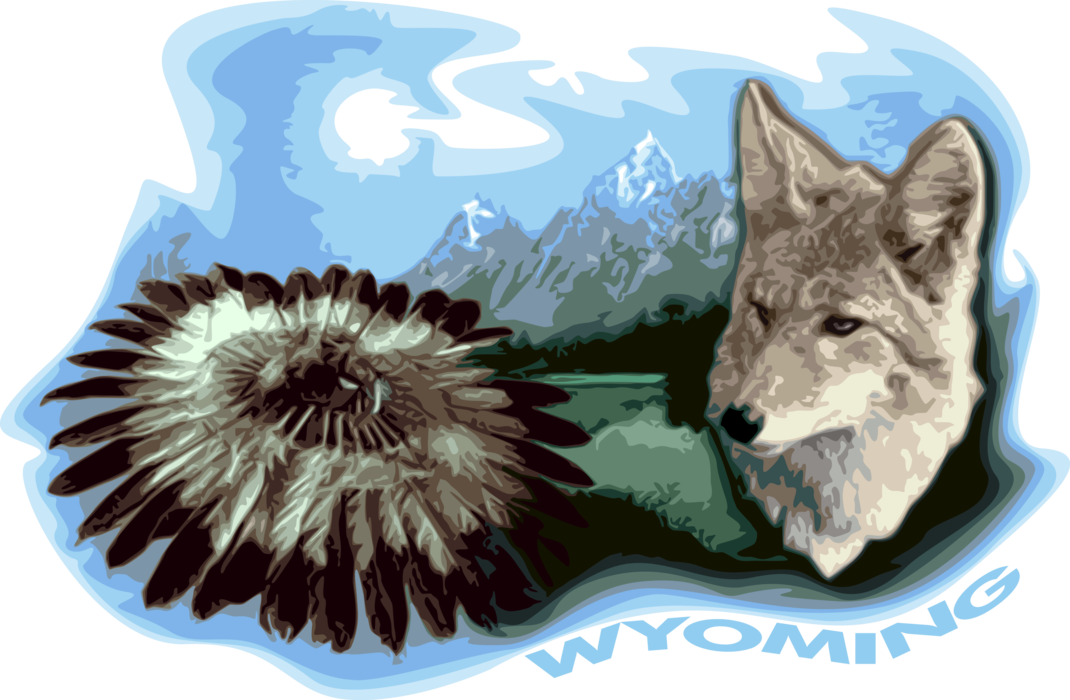 Vector Illustration of Wyoming Rocky Mountains with Gray Wolf and Indigenous Native American Indian Headdress