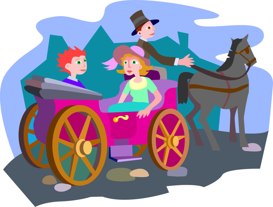 Vector Illustration of Romantic Ride in Horse and Carriage Horse-Drawn Vehicle