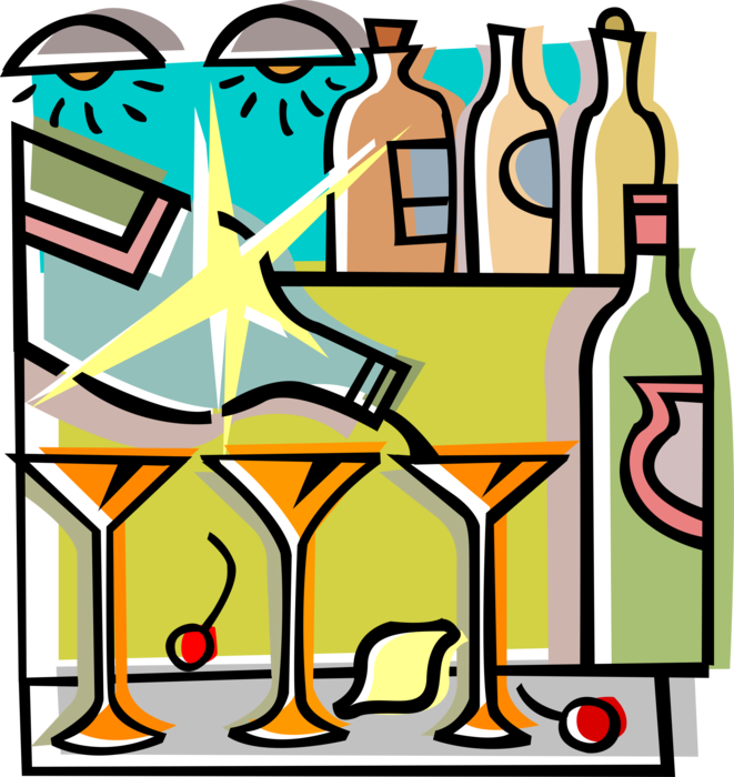 Vector Illustration of Barroom Bartender Serves Alcohol Beverage Cocktail Drinks at Bar