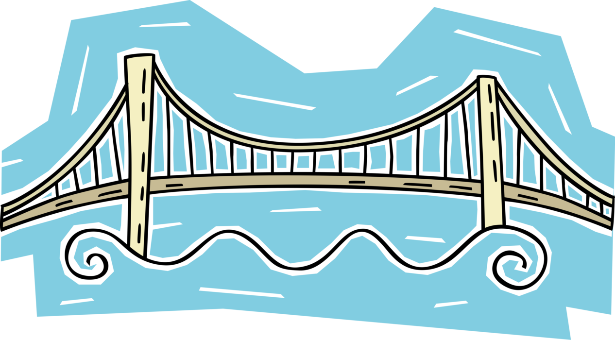 Vector Illustration of Suspension Bridge Roadway Across Open Water