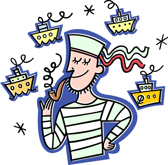 Vector Illustration of Seafaring Maritime Sailor Smokes Tobacco Pipe with Ship Vessels