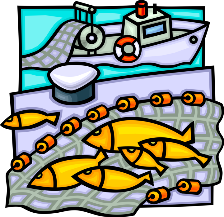 Vector Illustration of Commercial Fisheries Gillnetting Pelagic Drift-Net Fishing in Ocean with Fish