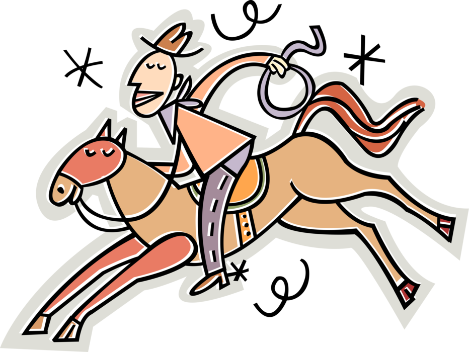 Vector Illustration of Old West Western Cowboy Rides Wild Stallion Horse