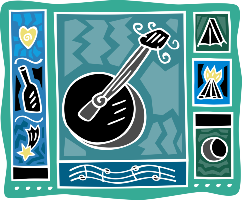 Vector Illustration of Banjo with Music Notes, Campfire and Camping Tent