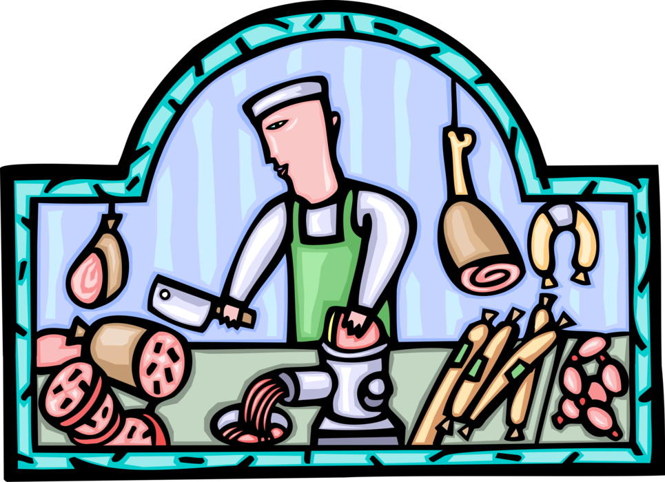 Vector Illustration of Butcher in Retail or Wholesale Meat Shop Butchery Carves Fresh Meat Cuts for Sale to Customers