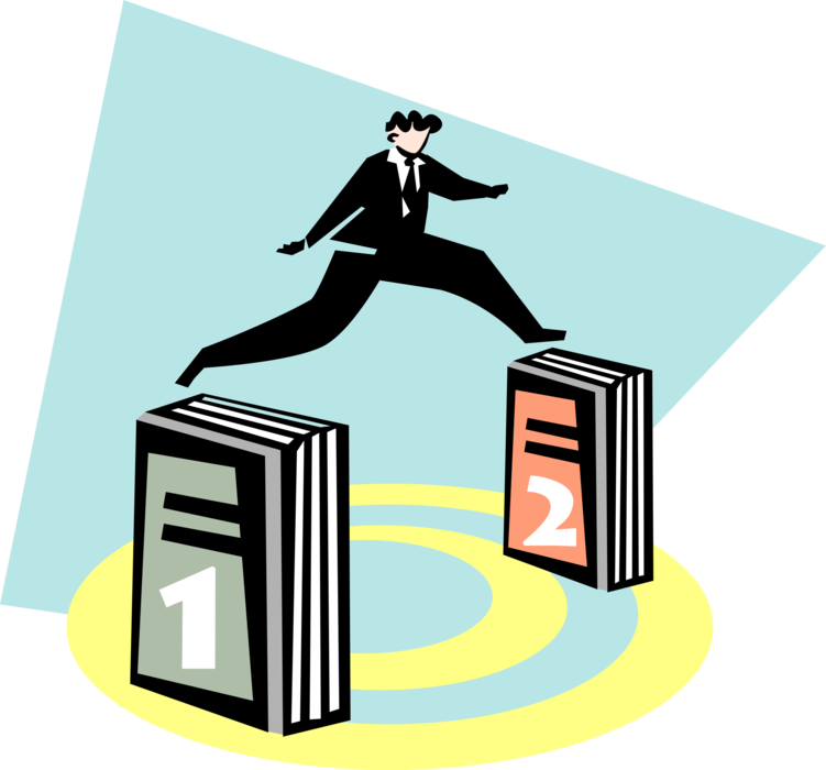 Vector Illustration of Businessman Leaps Over Textbooks of Knowledge and Learning