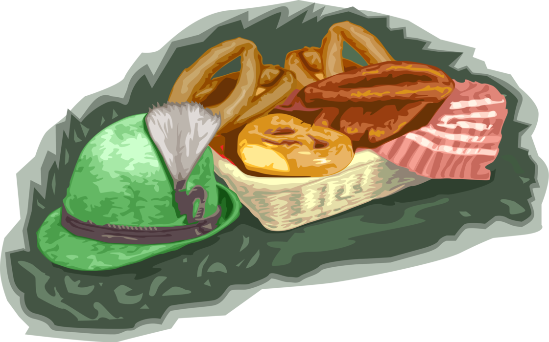 Vector Illustration of Alpine Hat with Feather, German Sausages with Pretzel Pastry