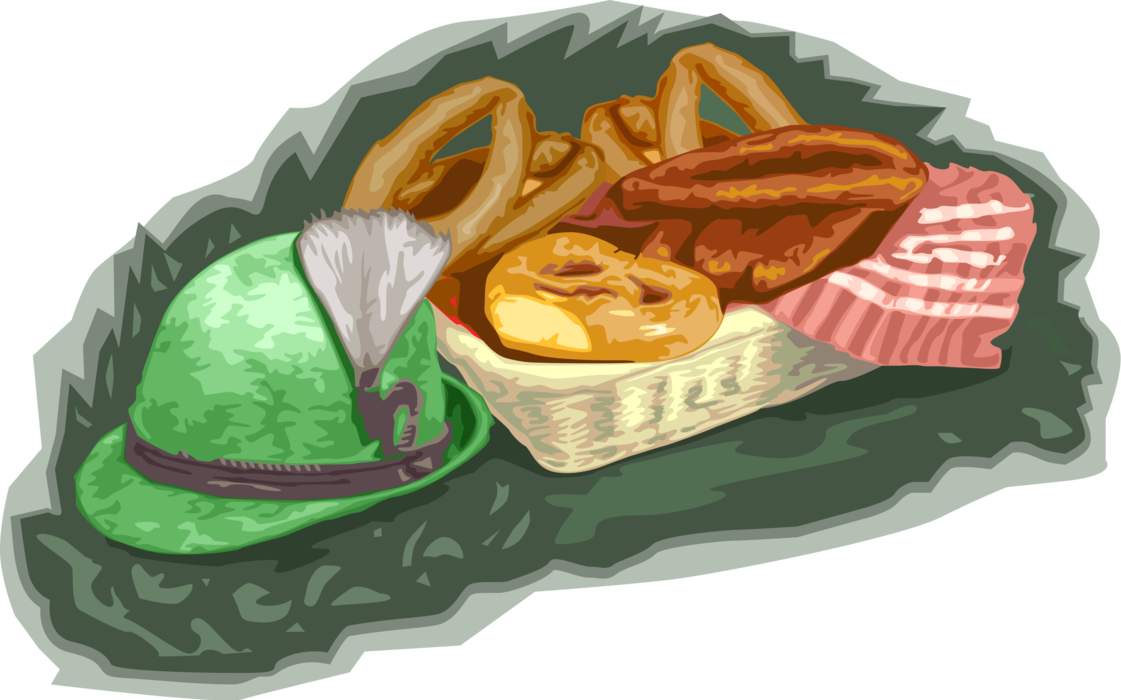 Vector Illustration of Alpine Hat with Feather, German Sausages with Pretzel Pastry