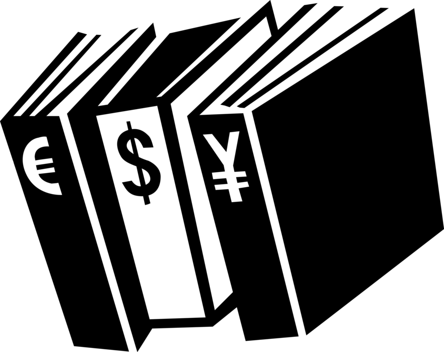 Vector Illustration of Financial Concept Accounting Books with Yen, Euro and Dollar Currency Signs