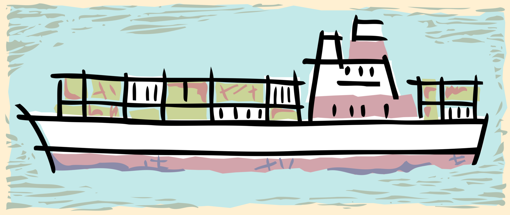 Vector Illustration of Cargo Ship or Freighter Ship or Vessel at Sea Carries Goods and Materials