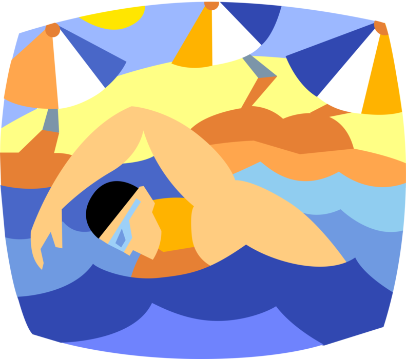 Vector Illustration of Swimmer Swims Breaststroke in Ocean with Seashore Beach