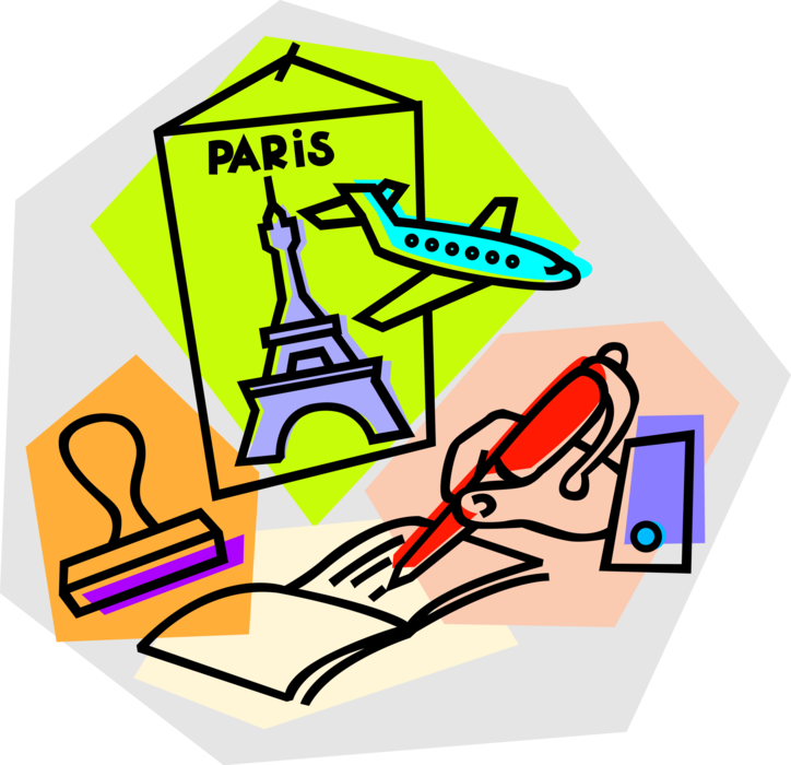 Vector Illustration of Paris Vacation with Travel Documents, Eiffel Tower and Commercial Aircraft Airplane