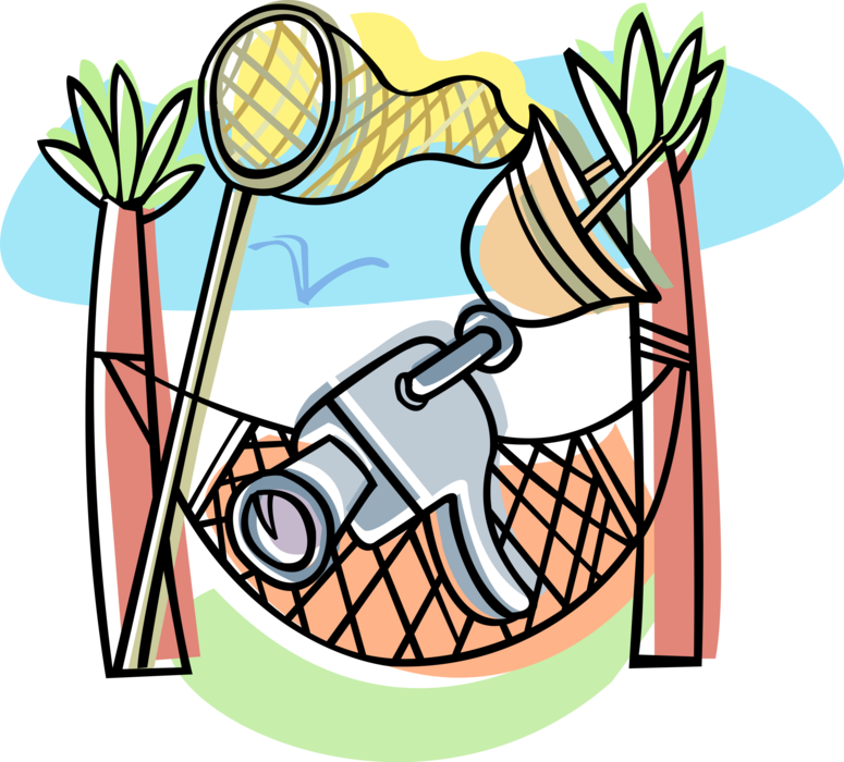 Vector Illustration of Videocamera Camcorder Camcorder with Hammock, Palm Trees and Butterfly Winged Insect Net