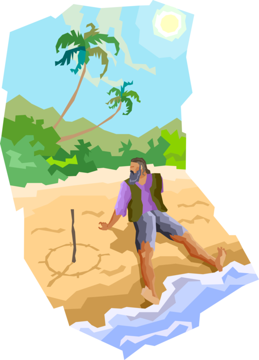 Vector Illustration of Shipwrecked Sailor Stranded on Deserted Island Makes Sundial to Tell Time