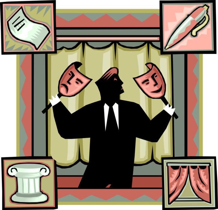 Vector Illustration of Two-Faced Hypocritical or Double-Dealing Deceitful Businessman with Theatrical Comedy and Tragedy Masks