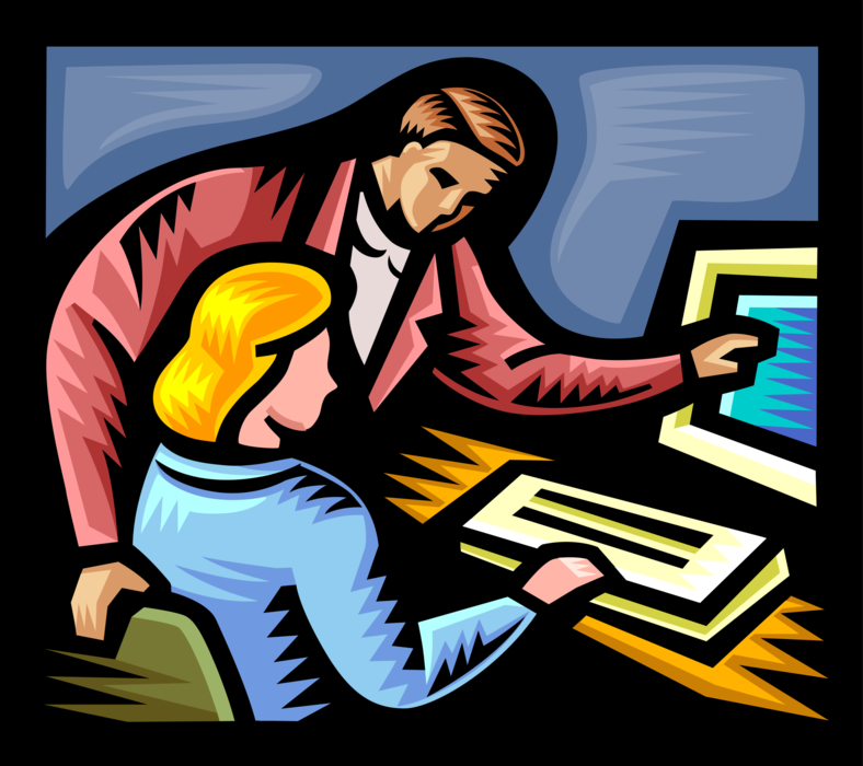 Vector Illustration of Teacher Teaching Student Computer Skills