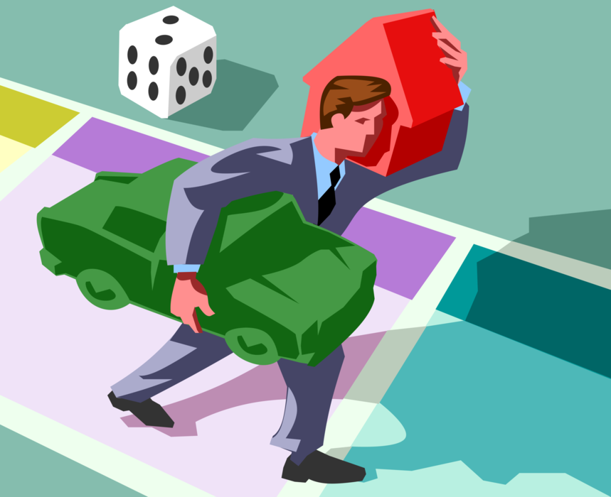 Vector Illustration of Businessman Plays the Game of Life Carrying Automobile and Family Home