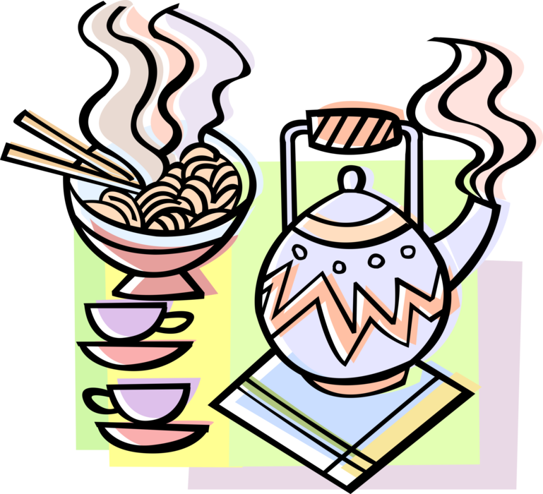 Vector Illustration of Japanese Green Tea with Noodles and Chopsticks