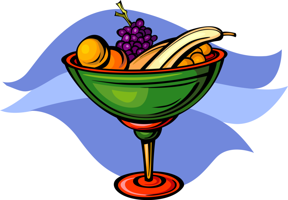 Vector Illustration of Bowl of Fruit with Bananas, Oranges and Grapes