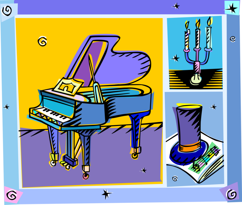 Vector Illustration of Grand Piano Musical Instrument with Sheet Music and Candles